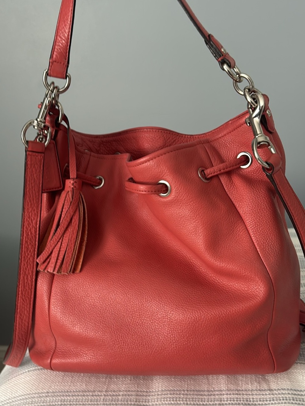 Coach Red Pebbled Leather Drawstring Shoulder Bag - Picture 3 of 8